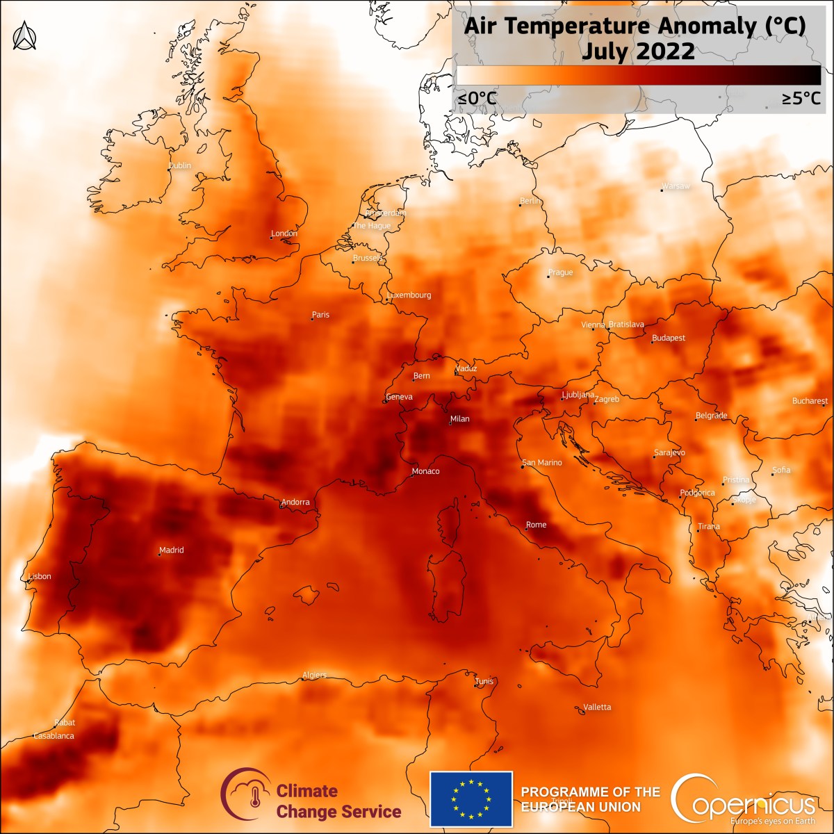 Surface Air Temperature Anomaly in Europe for July&nbsp;2022