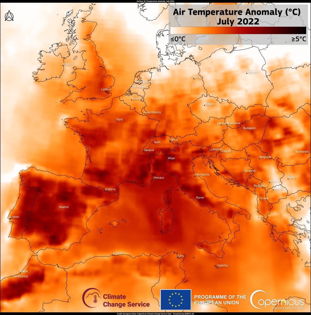 Surface Air Temperature Anomaly in Europe for July 2022